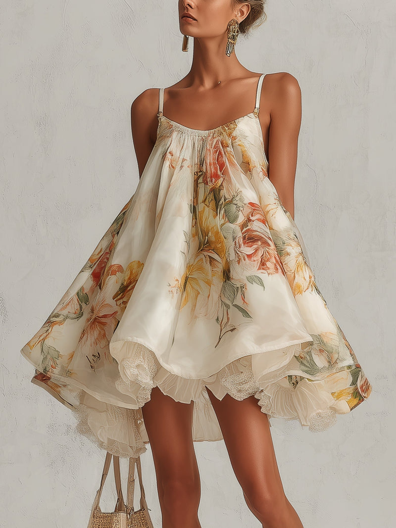 Béatrice | Mini Vestido Trapecio de Organza Floral Beige, Borde de Encaje | Blanca Vela