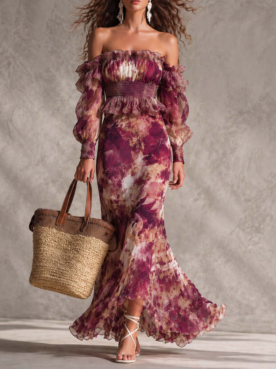 Rosine | Vestido Maxi Hombros Descubiertos Rosa Antiguo, Motivo Floral | Blanca Vela