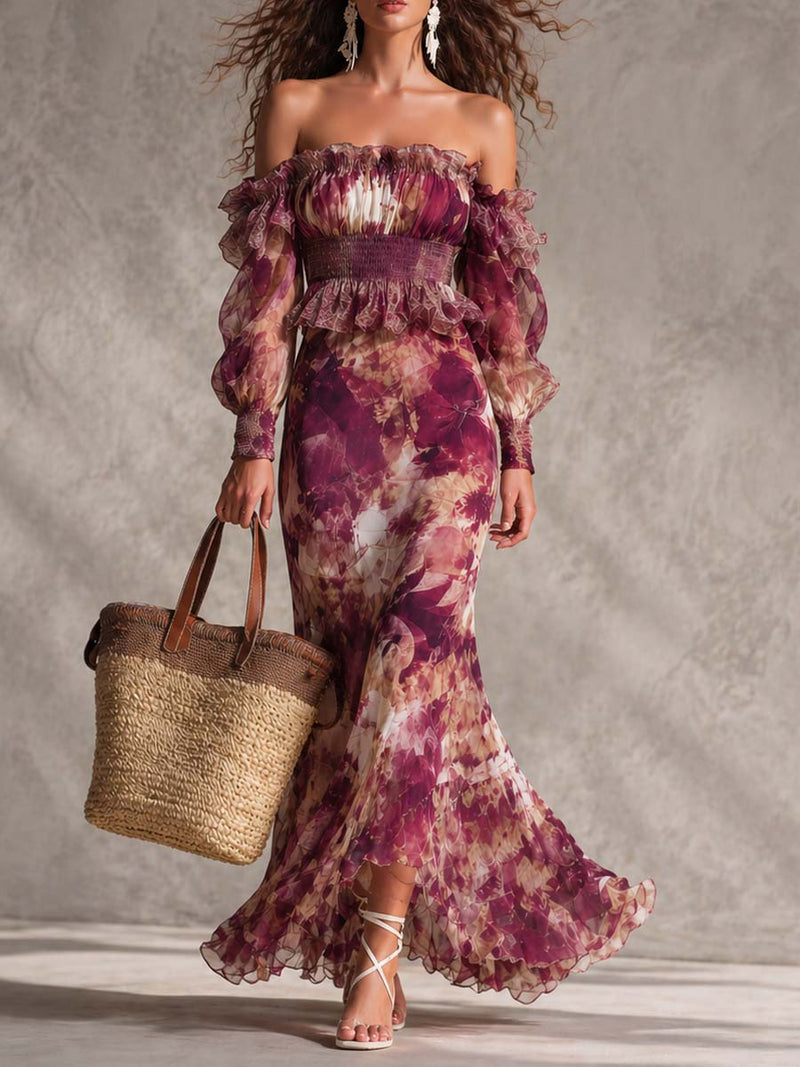 Rosine | Vestido Maxi Hombros Descubiertos Rosa Antiguo, Motivo Floral | Blanca Vela