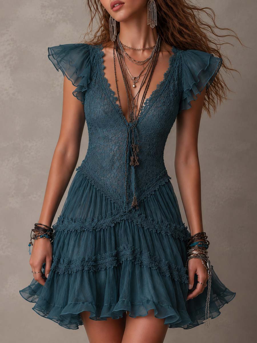 Azurine | Mini Vestido de Volantes en Encaje Azul Retro y Gasa | Blanca Vela