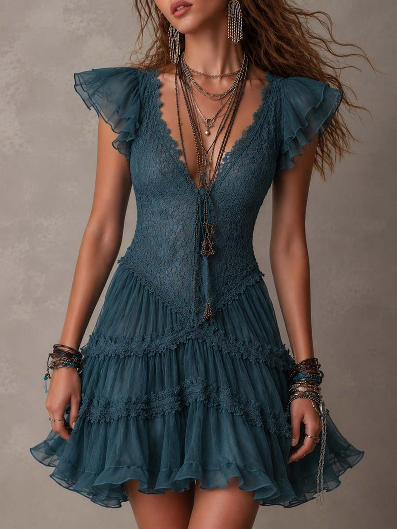 Azurine | Mini Vestido de Volantes en Encaje Azul Retro y Gasa | Blanca Vela