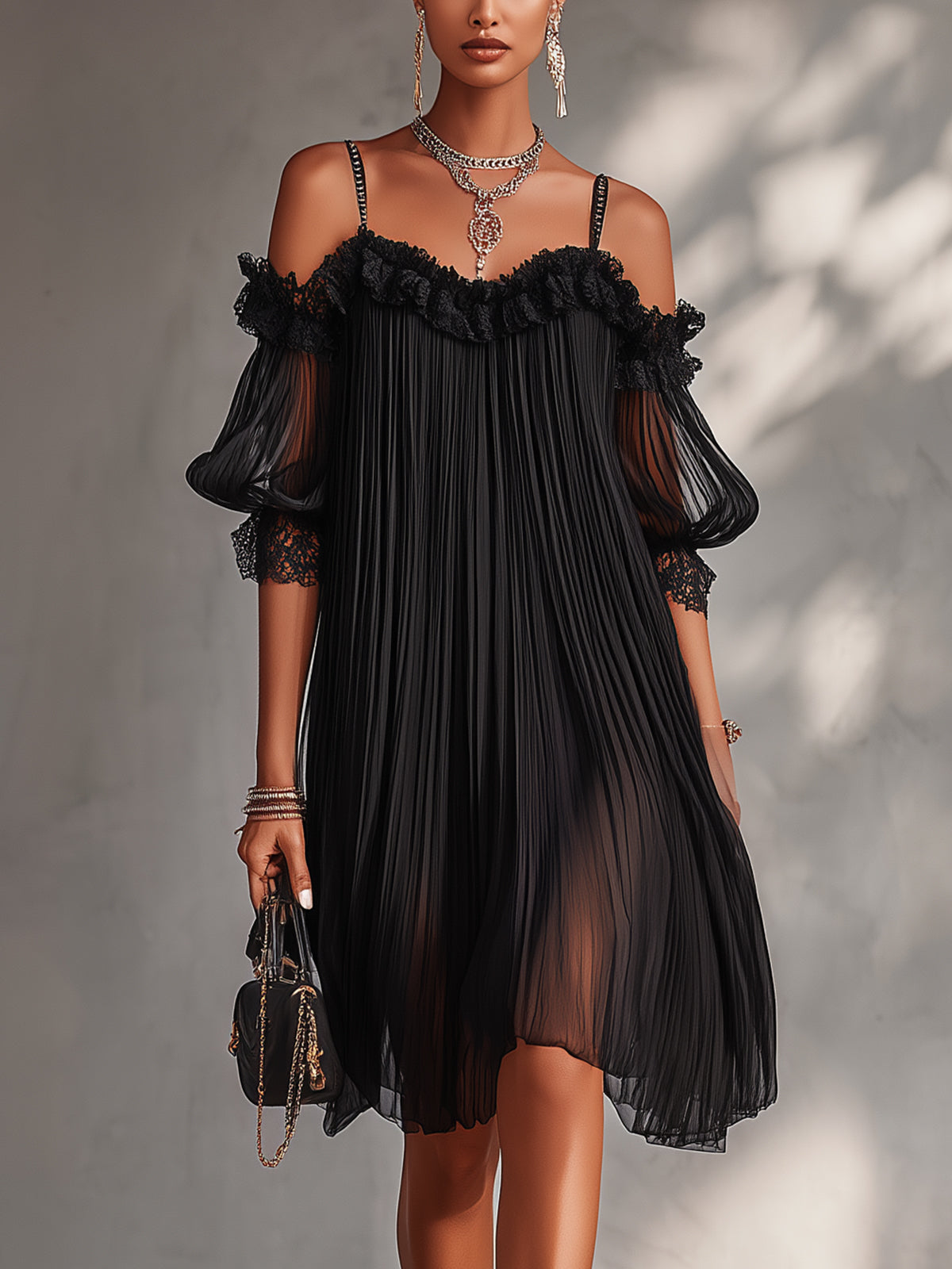 Vittoria | Minivestido negro de muselina con hombros al aire y ribetes de encaje | Blanca Vela