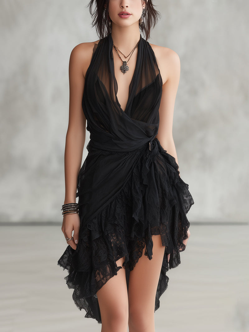 Sélène | Mini Vestido Negro, Cuello Halter de Encaje y Volantes | Blanca Vela