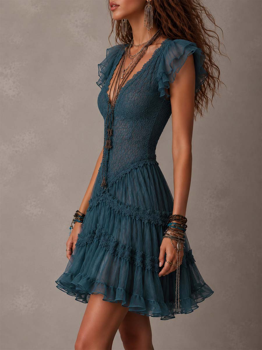 Azurine | Mini Vestido de Volantes en Encaje Azul Retro y Gasa | Blanca Vela