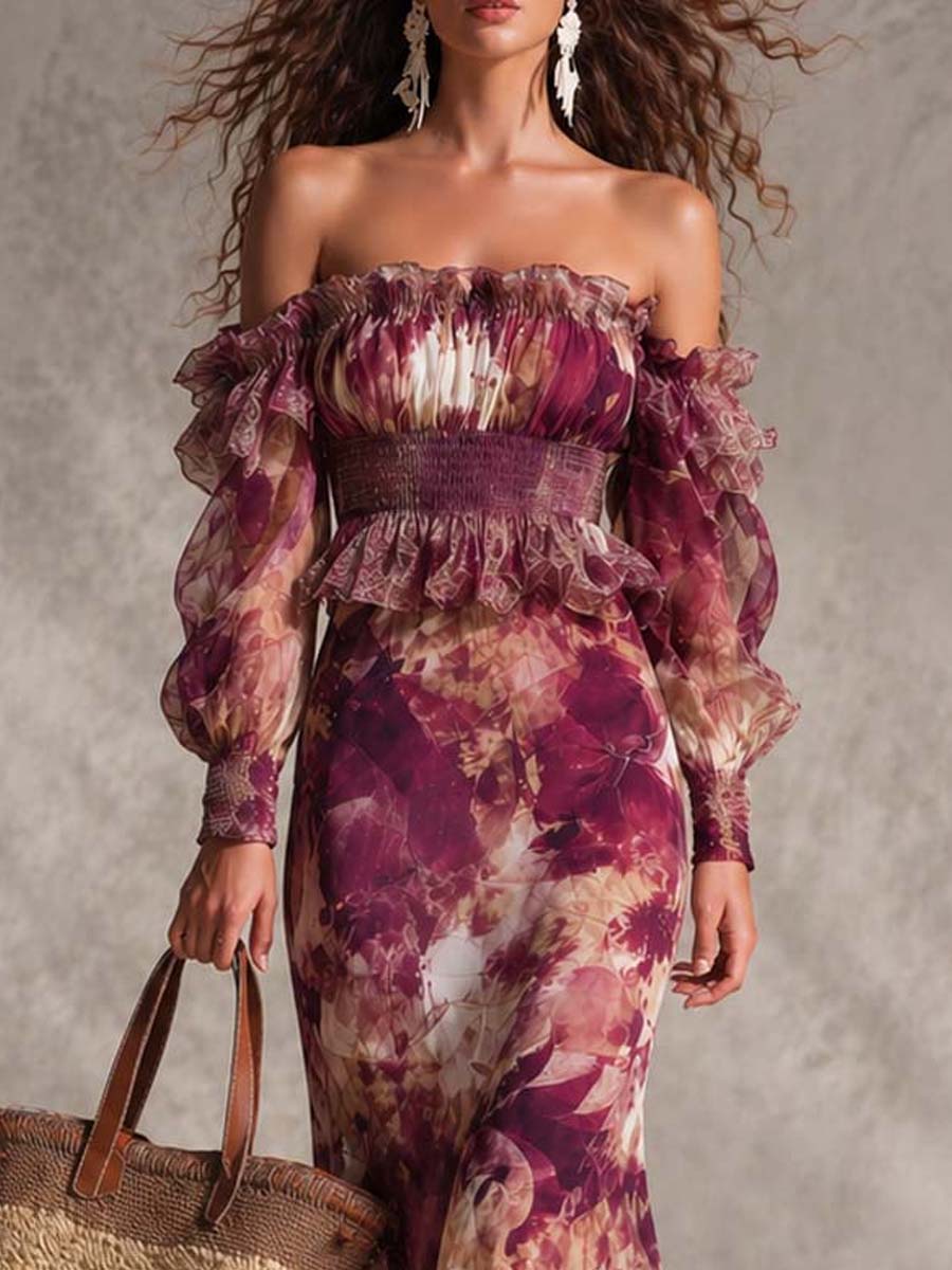 Rosine | Vestido Maxi Hombros Descubiertos Rosa Antiguo, Motivo Floral | Blanca Vela