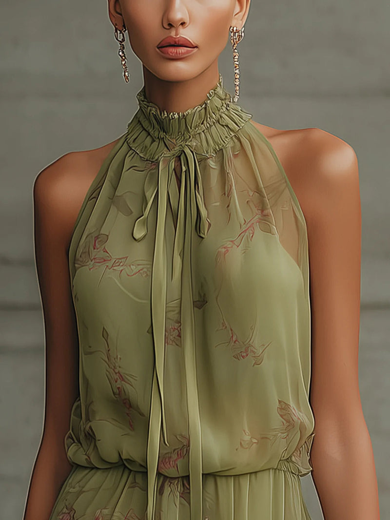 Sylvie | Minivestido en gasa floral verde, cintura alta | Blanca Vela