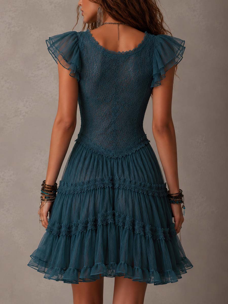Azurine | Mini Vestido de Volantes en Encaje Azul Retro y Gasa | Blanca Vela