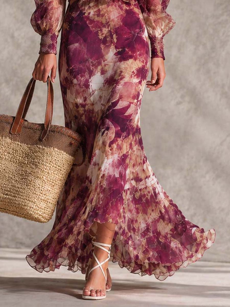 Rosine | Vestido Maxi Hombros Descubiertos Rosa Antiguo, Motivo Floral | Blanca Vela