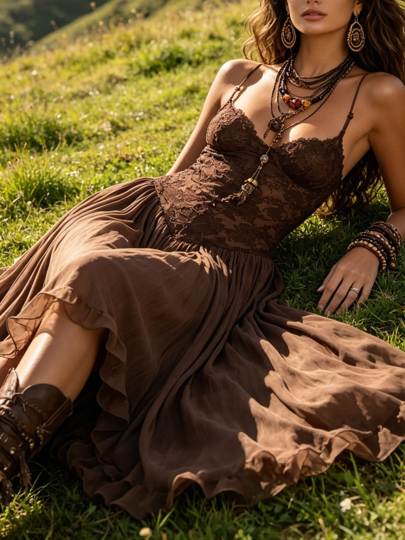 Federica | Vestido Maxi de Chifón y Encaje Marrón | Blanca Vela