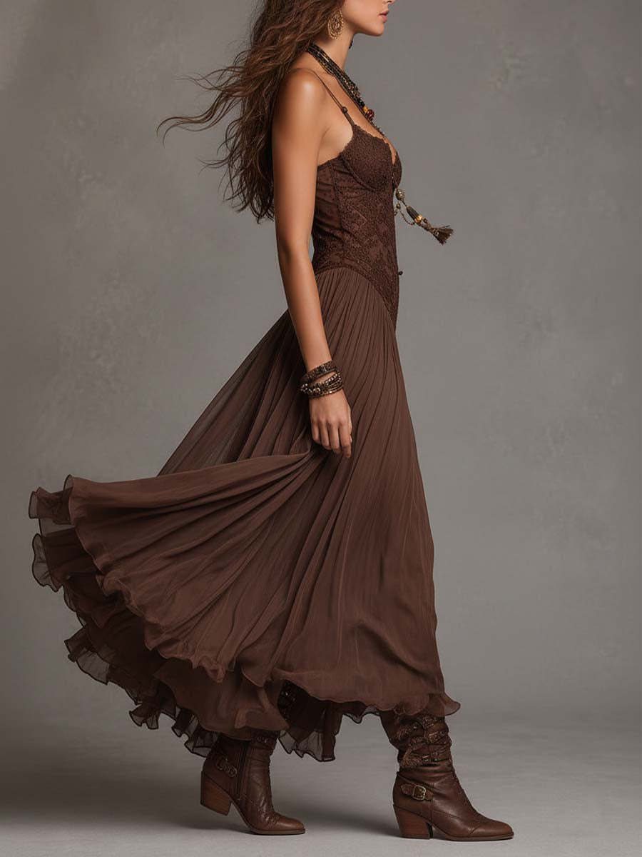 Federica | Vestido Maxi de Chifón y Encaje Marrón | Blanca Vela