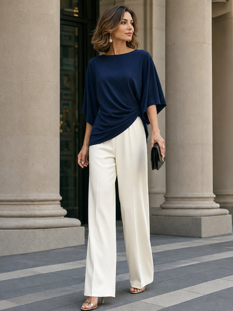 Moni | Conjunto con Blusa de Cintura Drapeada y Pantalones de Pierna Ancha | Blanca Vela