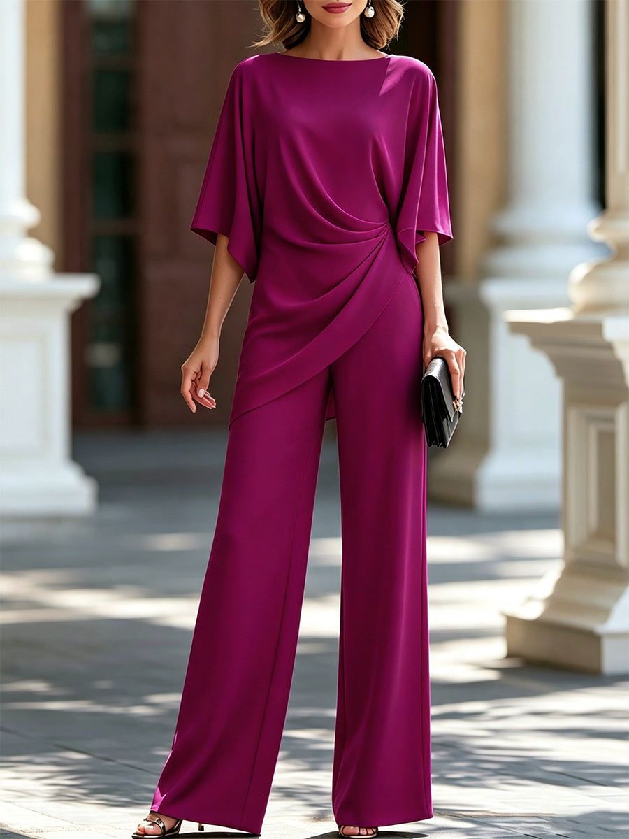 Moni | Conjunto con Blusa de Cintura Drapeada y Pantalones de Pierna Ancha | Blanca Vela
