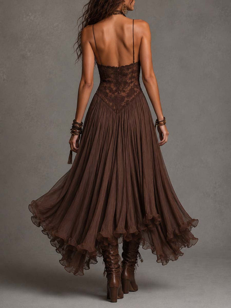 Federica | Vestido Maxi de Chifón y Encaje Marrón | Blanca Vela