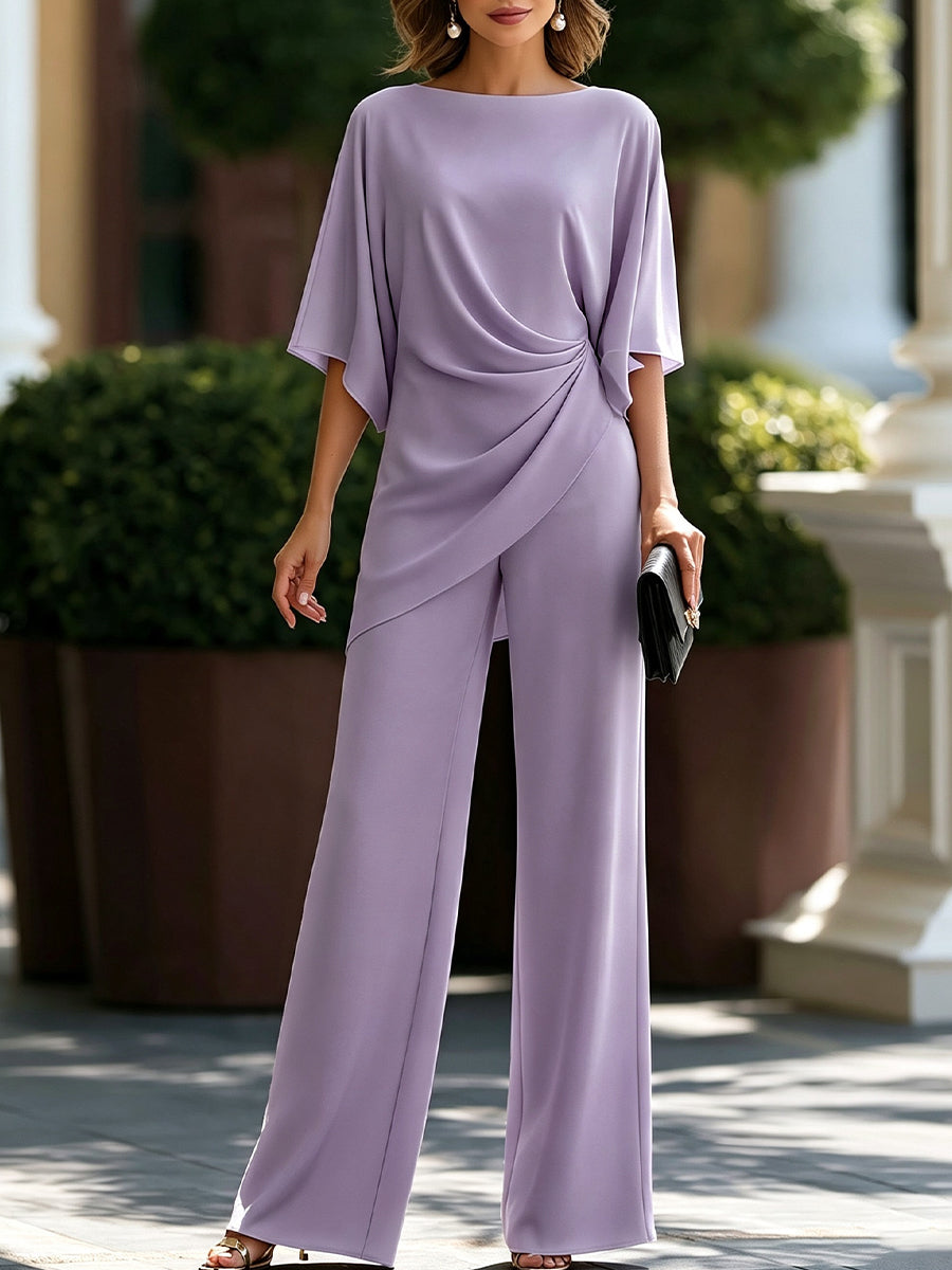 Moni | Conjunto con Blusa de Cintura Drapeada y Pantalones de Pierna Ancha | Blanca Vela