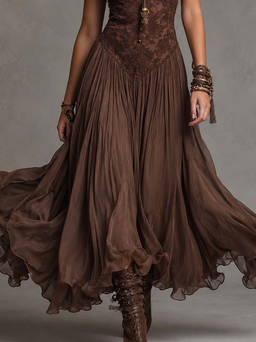 Federica | Vestido Maxi de Chifón y Encaje Marrón | Blanca Vela