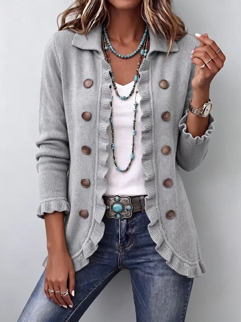 Teodora | Chaqueta de Punto Canalé Gris Jaspeado con Volantes | Blanca Vela