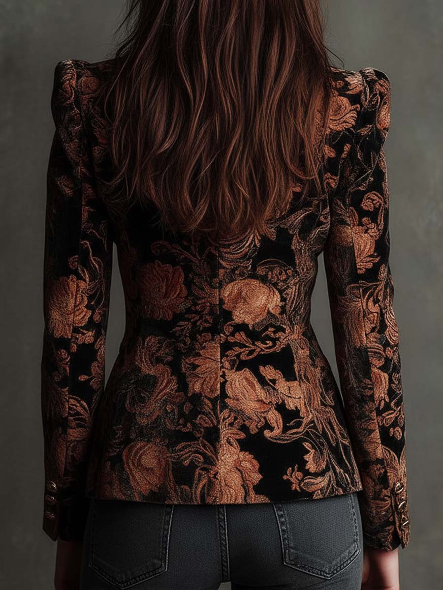 Blazer Sastre de Mujer con Estampado Floral Negro y Bronce | Blanca Vela
