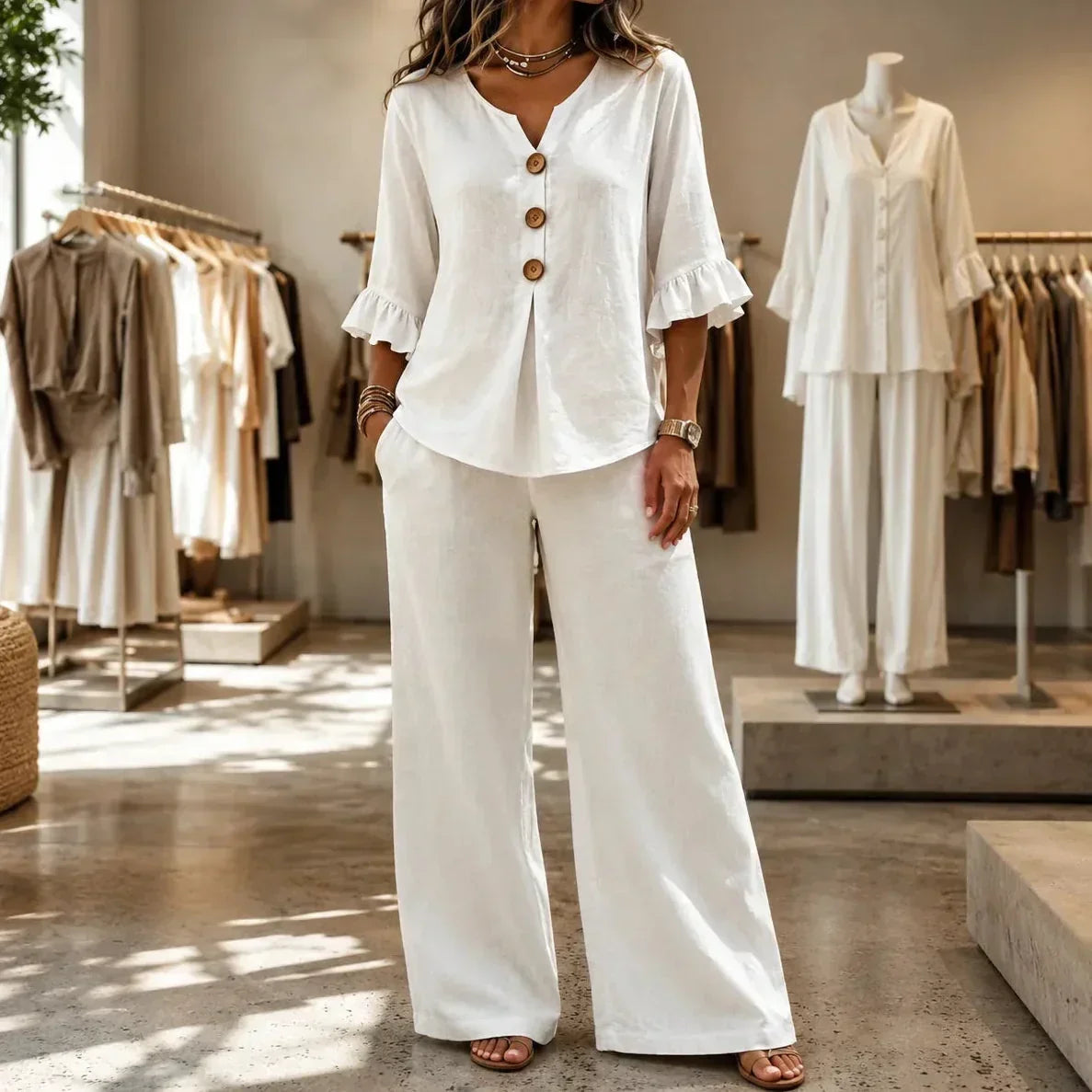 Louna | Conjunto Efecto Lino con Mangas de Volante y Pantalones Anchos | Blanca Vela
