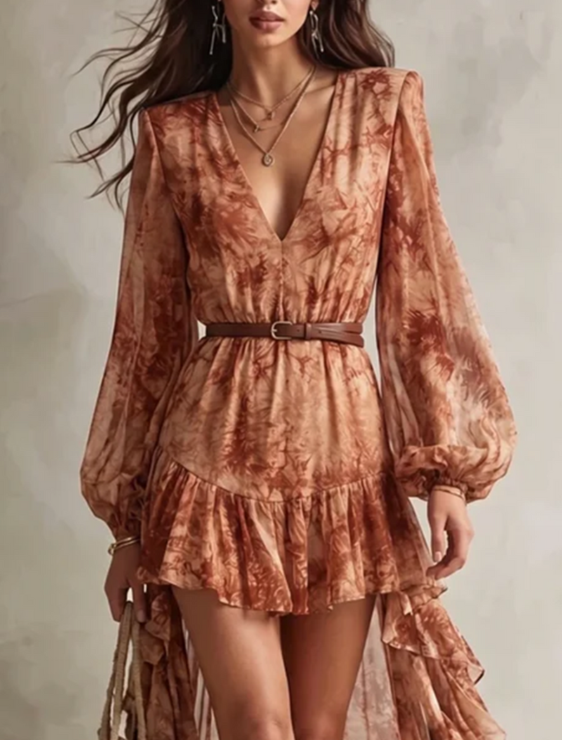 Clémence | Mini Vestido de Manga Larga, Cuello en V, Estampado Floral Terracota | Blanca Vela