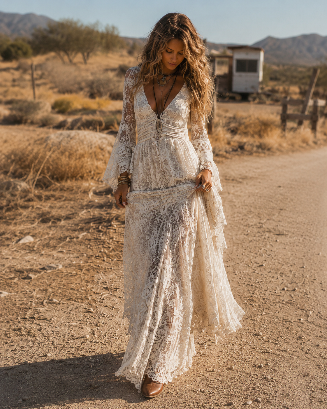 Serena | Vestido Maxi de Encaje con Mangas Acampanadas, Marfil | Blanca Vela