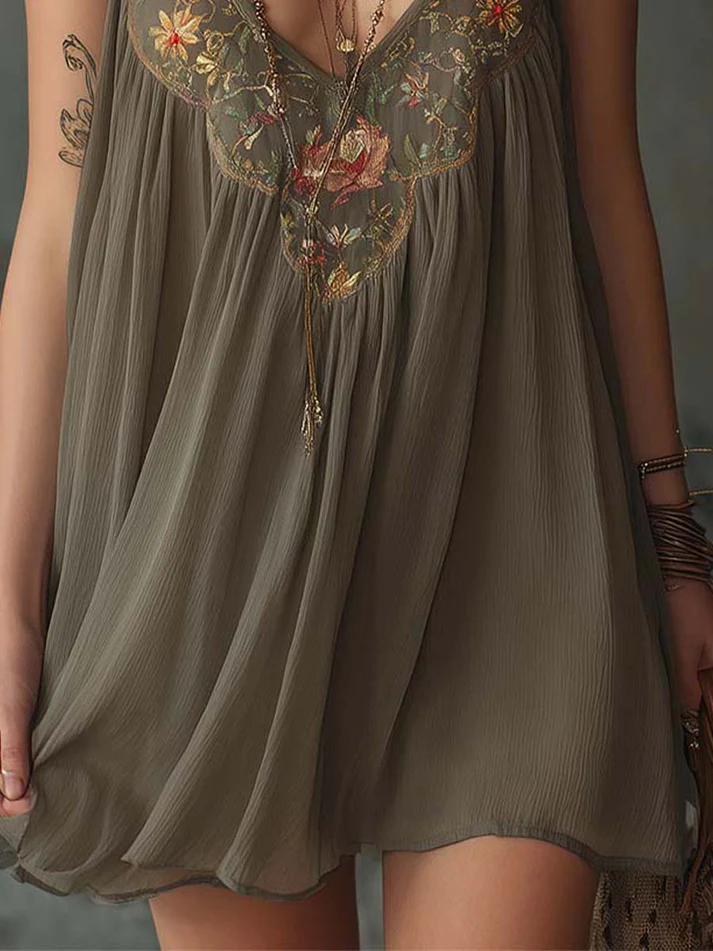 Colette | Mini Vestido Largo Gris, Estampado Floral | Blanca Vela