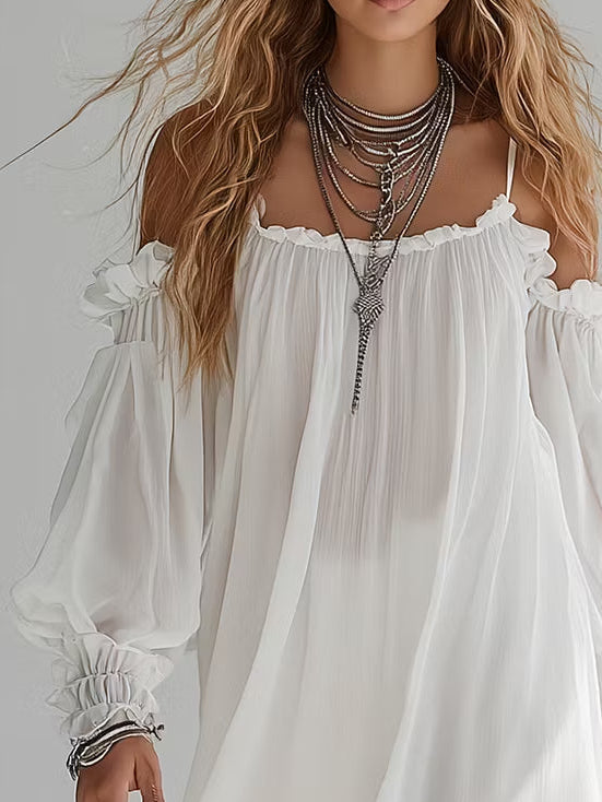 Romane | Mini Vestido Vaporoso Bohemio, Hombros Descubiertos | Blanca Vela