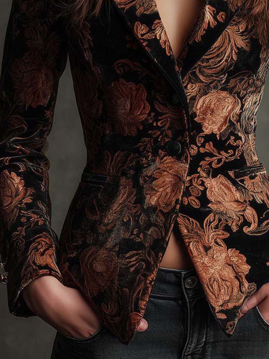Blazer Sastre de Mujer con Estampado Floral Negro y Bronce | Blanca Vela