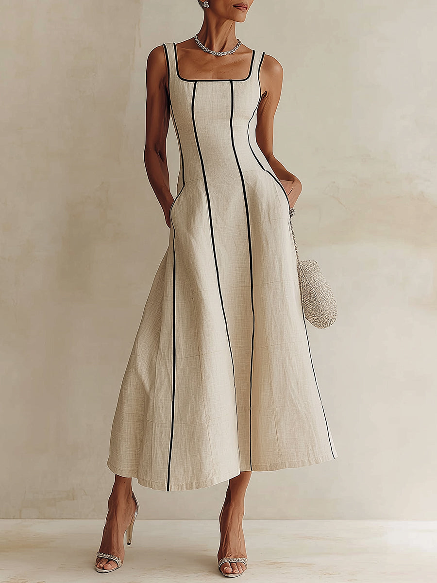 Camille | Vestido Maxi Línea A a Rayas de Lino, Ribete Negro | Blanca Vela