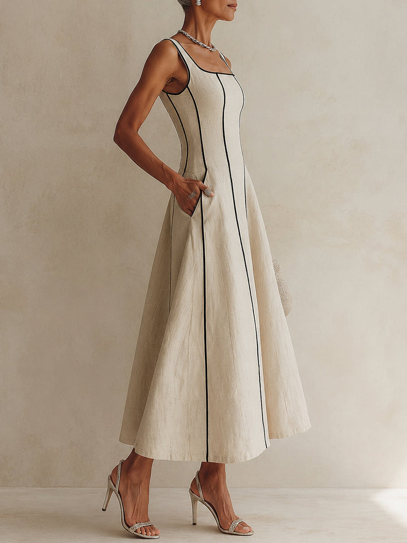 Camille | Vestido Maxi Línea A a Rayas de Lino, Ribete Negro | Blanca Vela