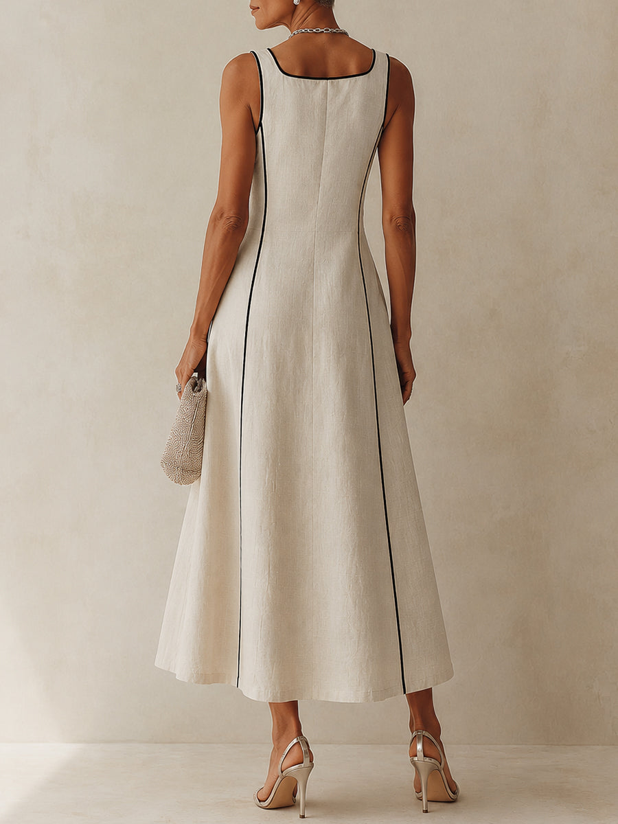 Camille | Vestido Maxi Línea A a Rayas de Lino, Ribete Negro | Blanca Vela
