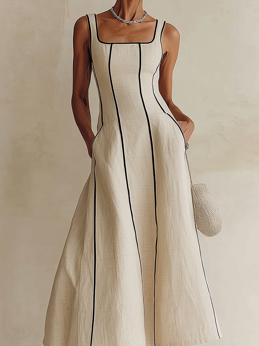 Camille | Vestido Maxi Línea A a Rayas de Lino, Ribete Negro | Blanca Vela