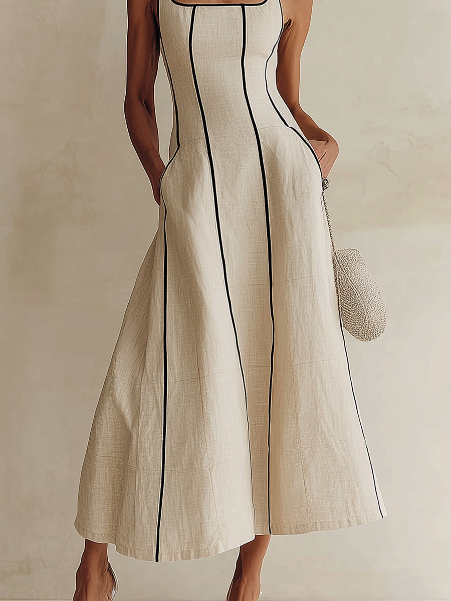 Camille | Vestido Maxi Línea A a Rayas de Lino, Ribete Negro | Blanca Vela