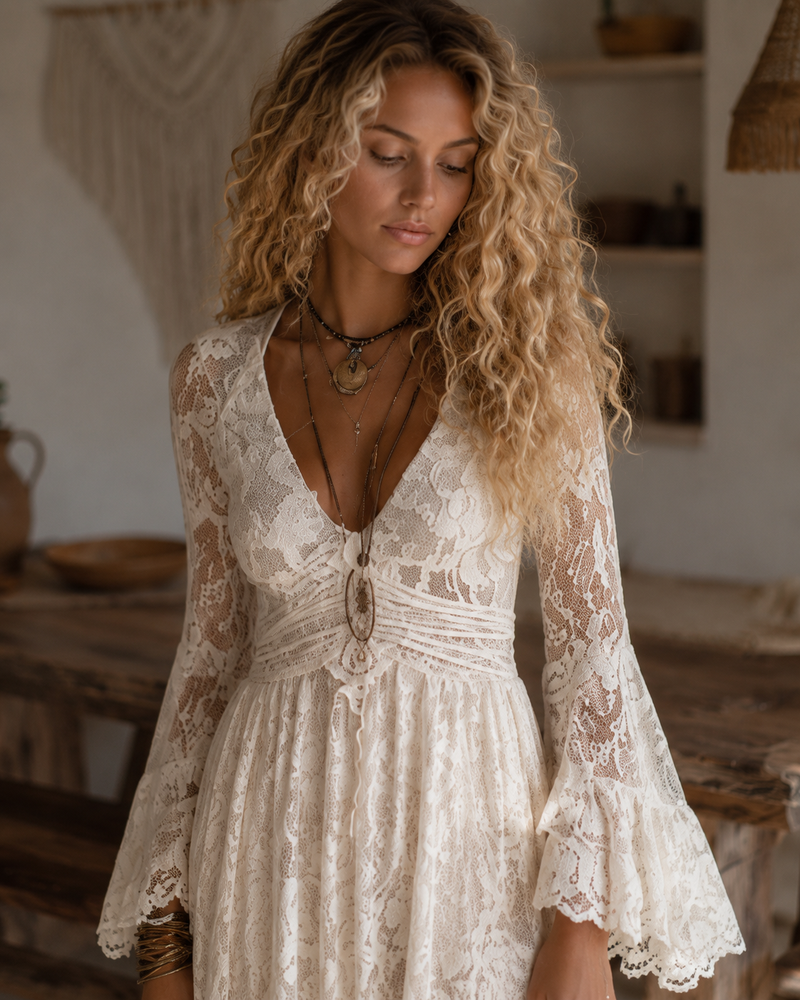 Serena | Vestido Maxi de Encaje con Mangas Acampanadas, Marfil | Blanca Vela