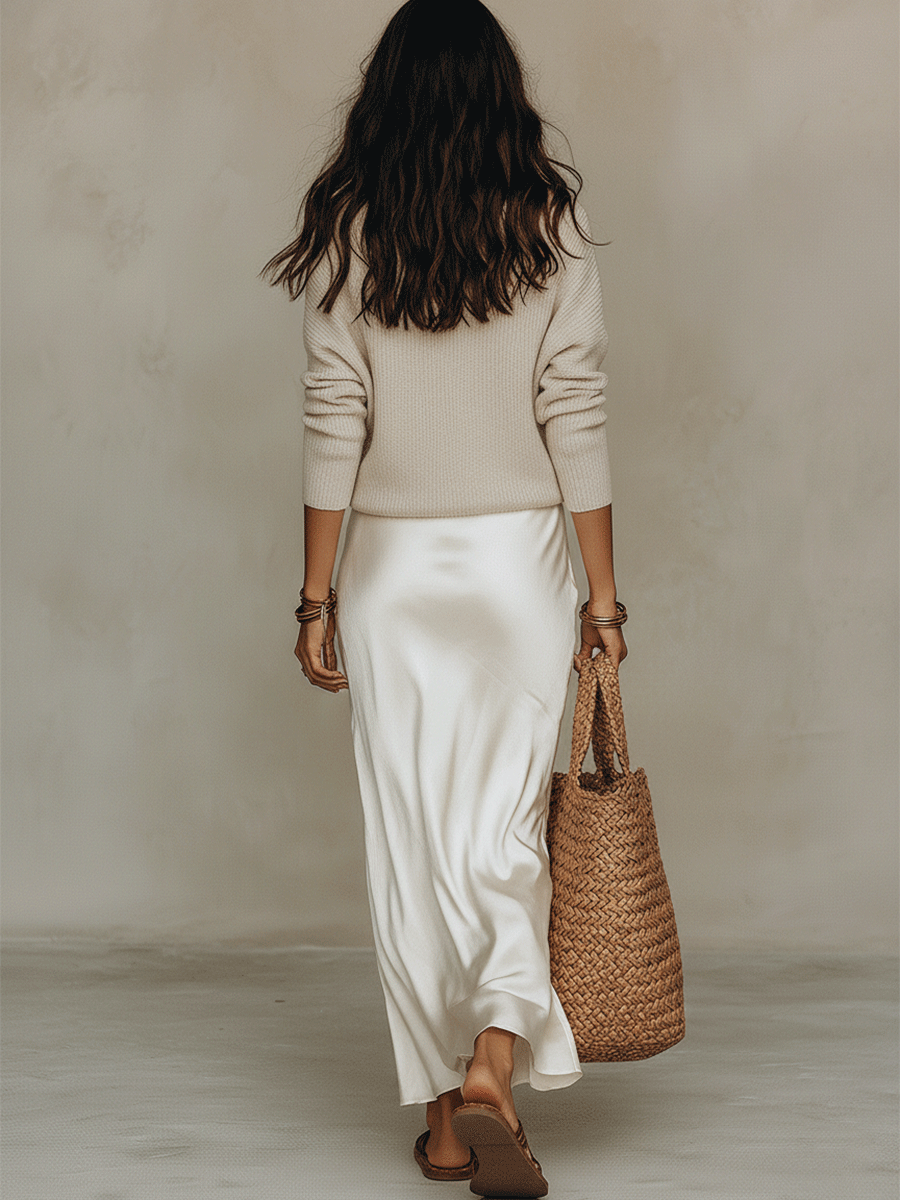 Lucia | Conjunto Elegante de Jersey de Punto y Falda Midi en Satén Gris | Blanca Vela