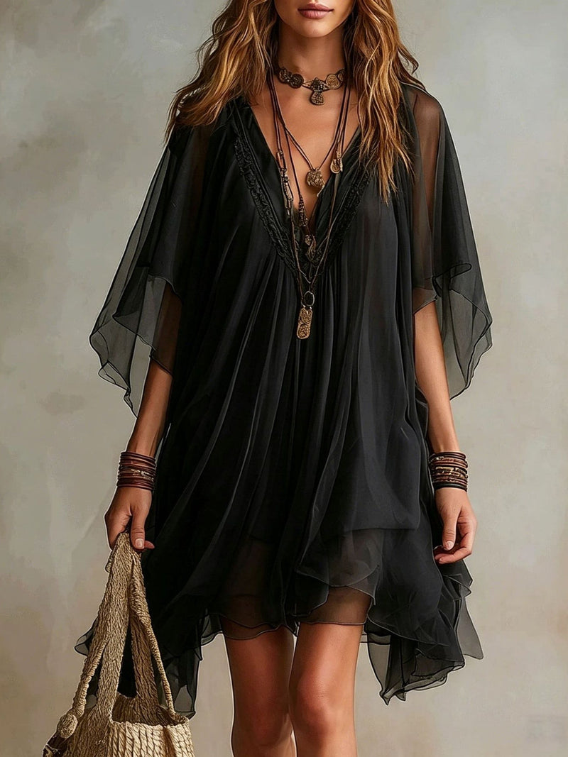 Émeraude | Mini Vestido Fluido Superpuesto, Cuello en V Verde | Blanca Vela