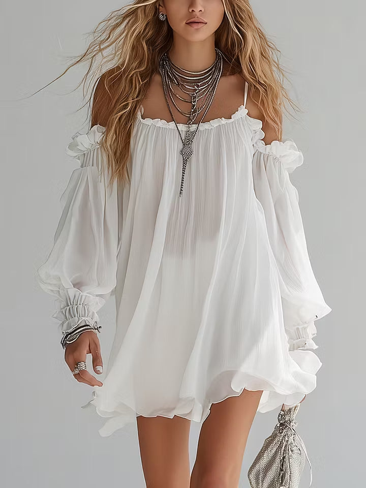Romane | Mini Vestido Vaporoso Bohemio, Hombros Descubiertos | Blanca Vela