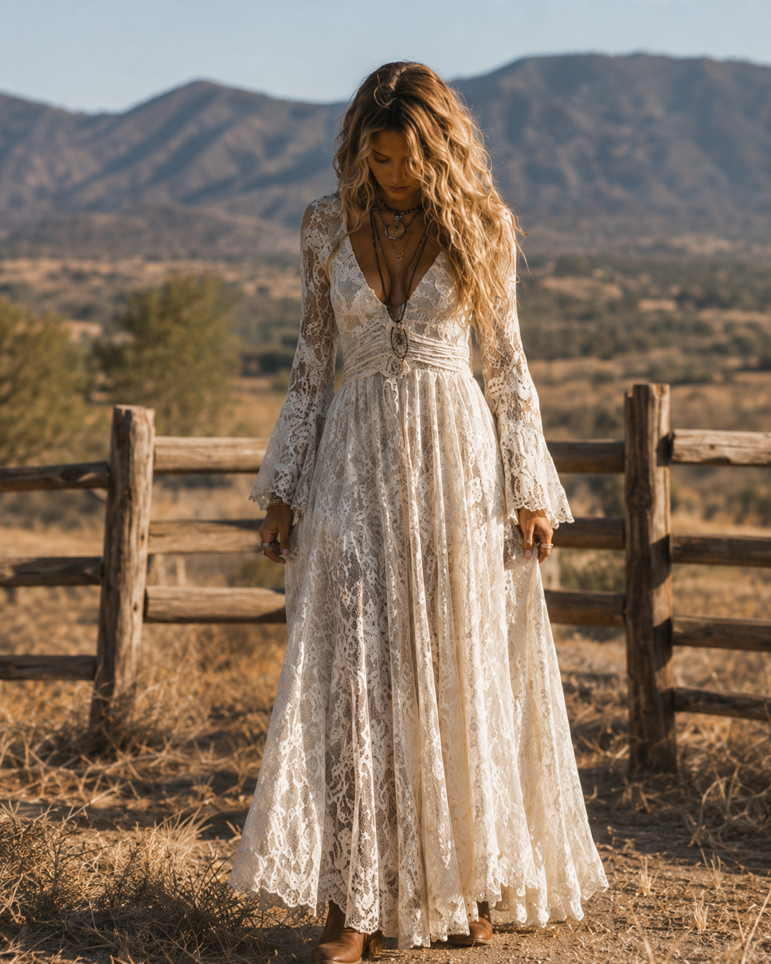 Serena | Vestido Maxi de Encaje con Mangas Acampanadas, Marfil | Blanca Vela