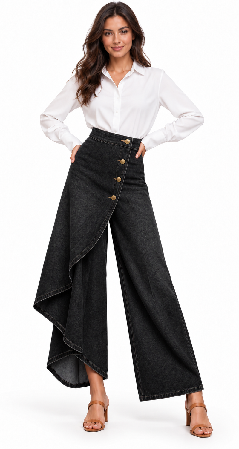 VAQUERO WIDE LEG NEGRO CON PANEL ASIMÉTRICO | Blanca Vela