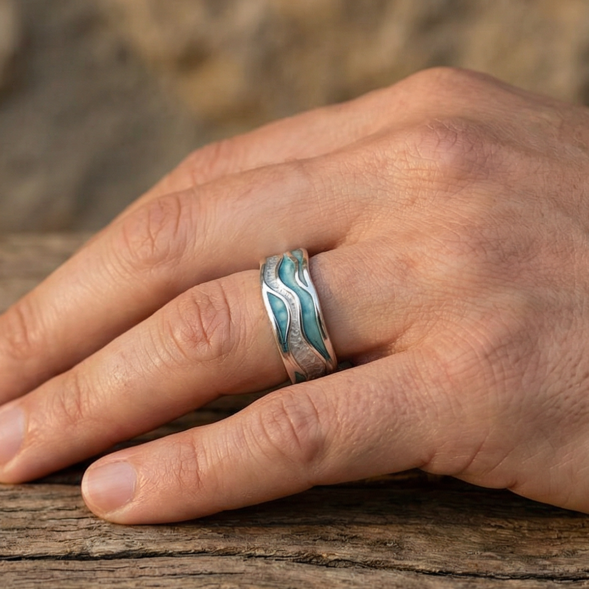 Anillo Olas Plateadas Turquesas | Blanca Vela