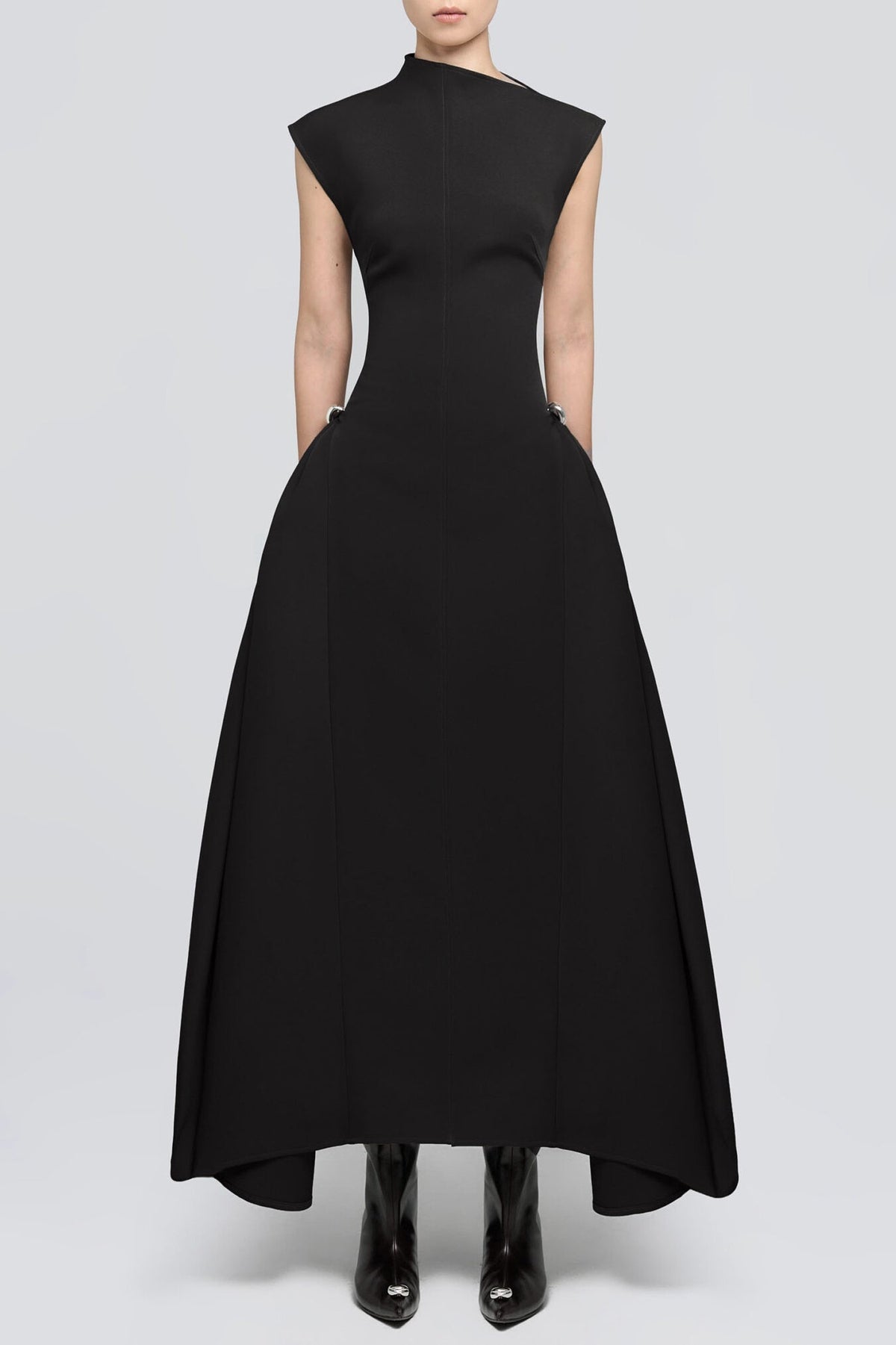Eorkone Symmetric Drapes Flared Midi Dress - Black | Blanca Vela