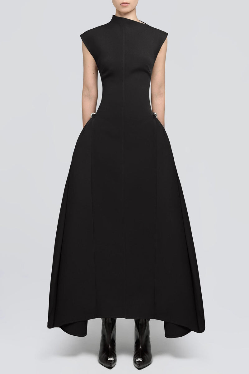 Eorkone Symmetric Drapes Flared Midi Dress - Black | Blanca Vela