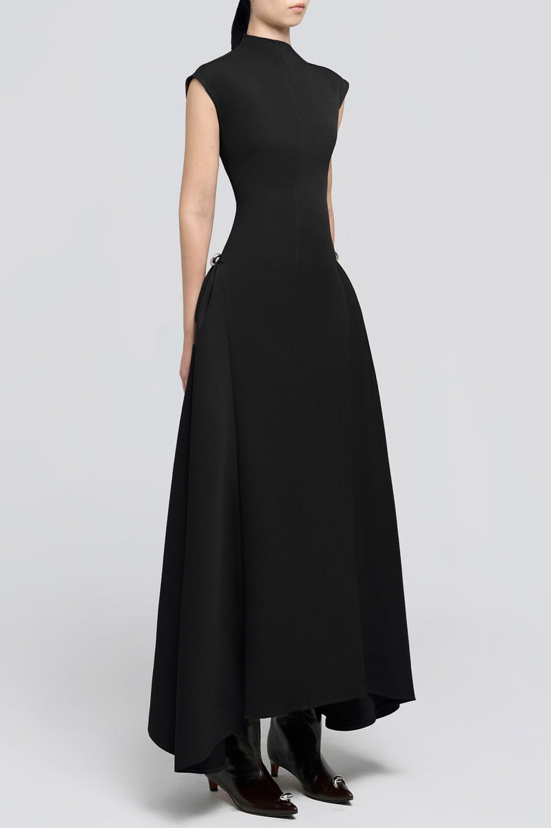 Eorkone Symmetric Drapes Flared Midi Dress - Black | Blanca Vela
