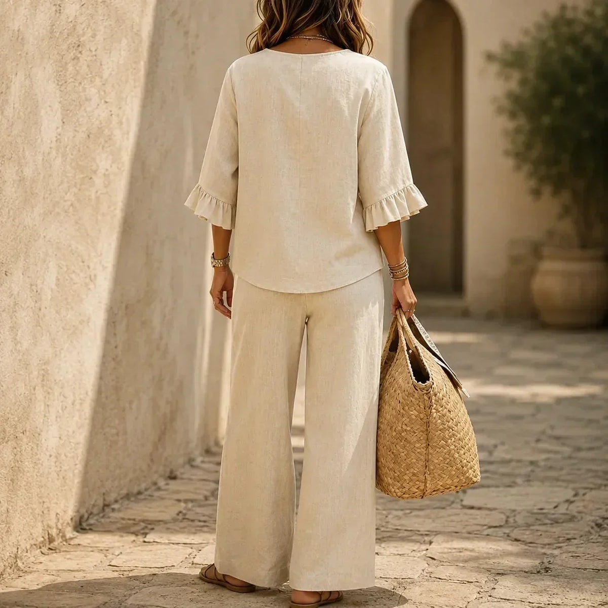 Louna | Conjunto Efecto Lino con Mangas de Volante y Pantalones Anchos | Blanca Vela
