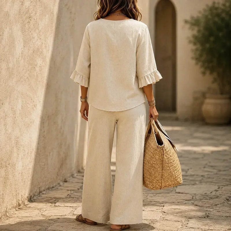 Louna | Conjunto Efecto Lino con Mangas de Volante y Pantalones Anchos | Blanca Vela