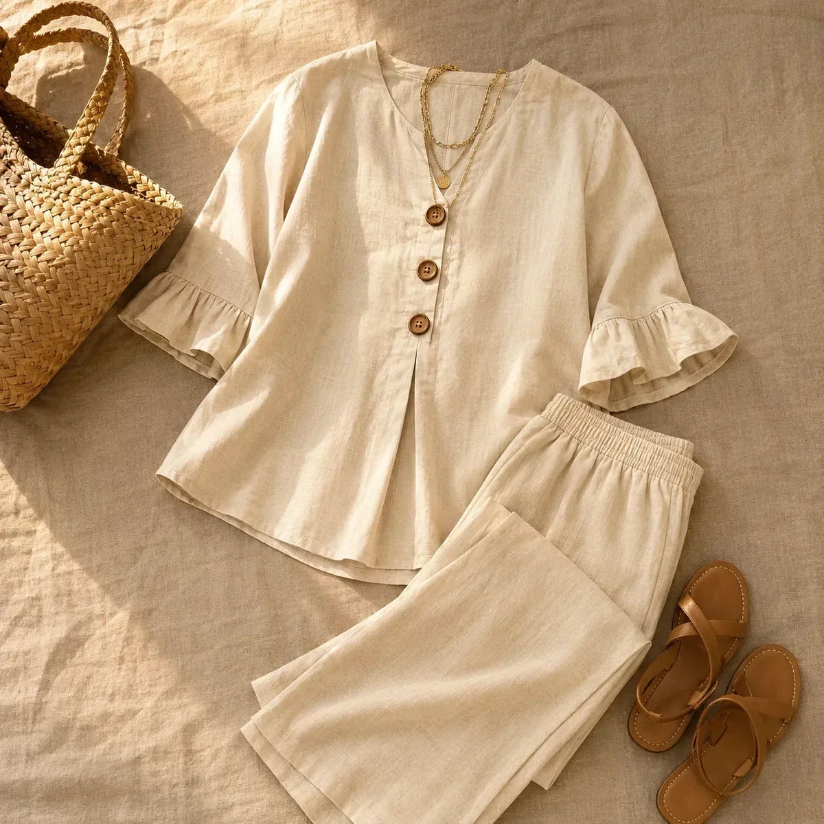 Louna | Conjunto Efecto Lino con Mangas de Volante y Pantalones Anchos | Blanca Vela