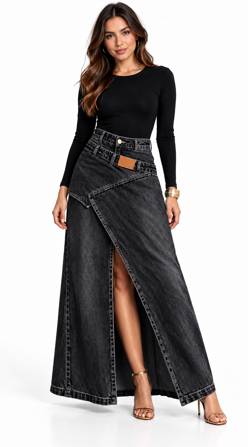 FALDA VAQUERA MAXI NEGRA ASIMÉTRICA | Blanca Vela