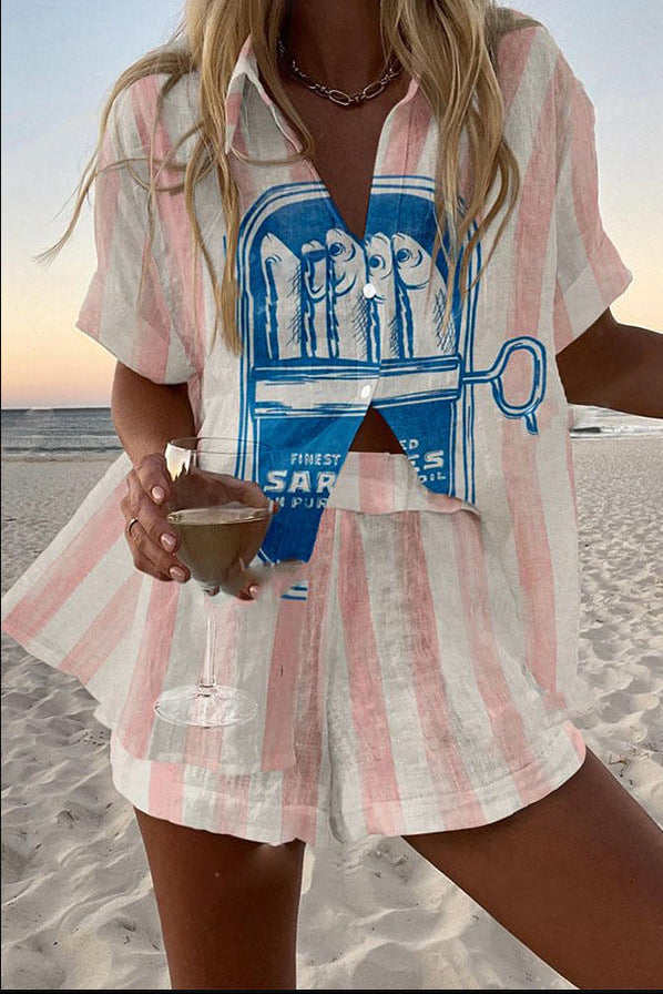 Silava™ | Conjunto de pantalones cortos en lino estampado sardina | Blanca Vela