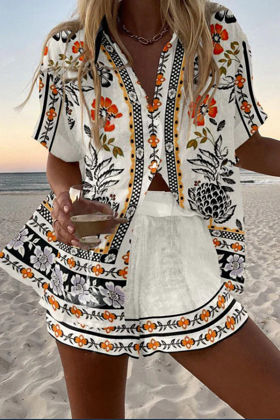 Irella™ | Conjunto Curto de Linho com Estampa Floral | Blanca Vela