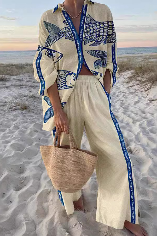 Yazette™ | Conjunto de Linho com Estampado de Peixe Azul | Blanca Vela