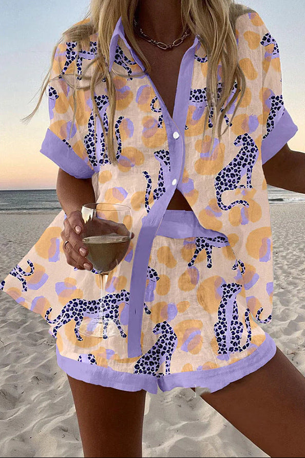 Reolia™ | Conjunto de Calções em Linho com Padrão Leopardo | Blanca Vela